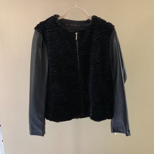Zara Faux Fur Jacket w/ Leather Sleeves M